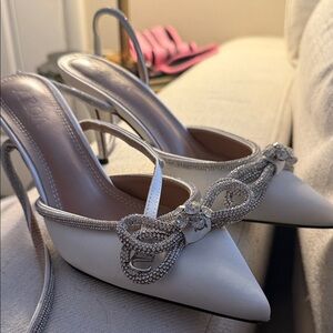 Elegant White Slingback Heels with Rhinestone Bow